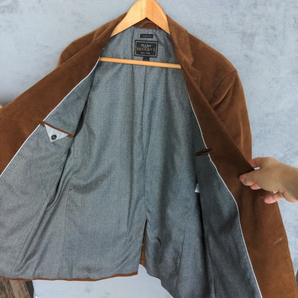 Jos A Bank Reserve Tailored Fit Corduroy Blazer Sz L Brown Elbow Patch Academia